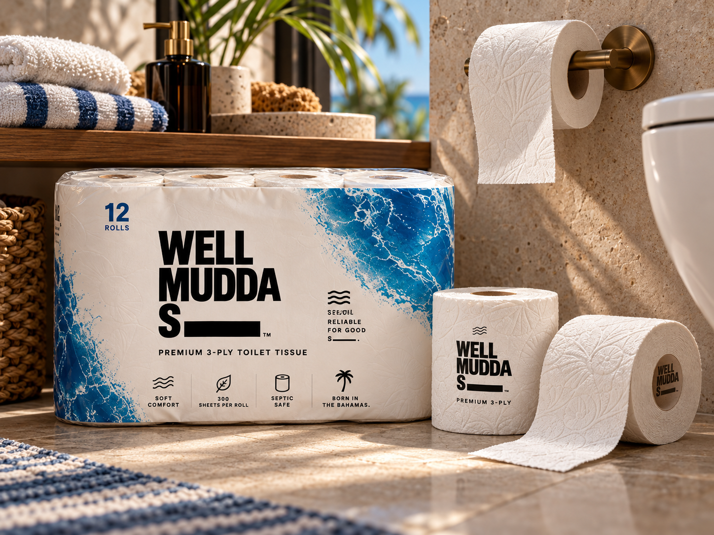 Illustrative Well Mudda S____ tissue pack and individual rolls in a Bahamas-inspired villa bathroom