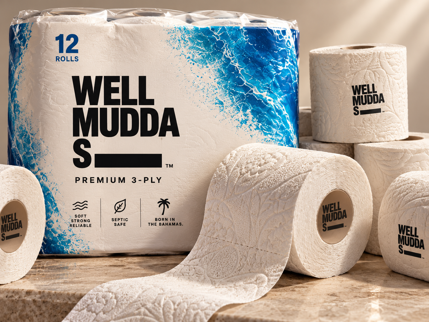 Concept rendering showing the texture, embossing and physical form of Well Mudda S____ toilet paper rolls and packaging