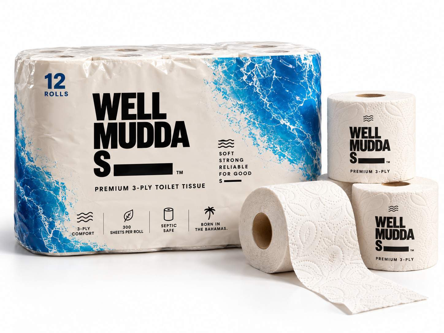 Concept rendering of Well Mudda S____ branded twelve-roll toilet tissue pack alongside embossed toilet paper rolls